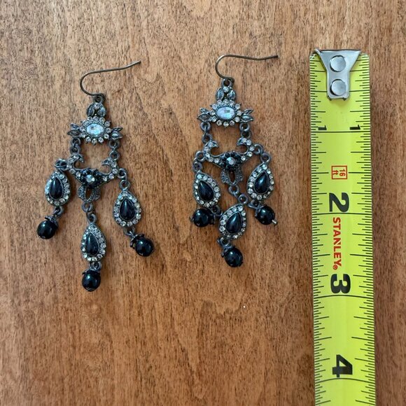 Fun Faux Rhinestone & Black Silver-Tone Dangly Floral Teardrop Earrings - Picture 4 of 8